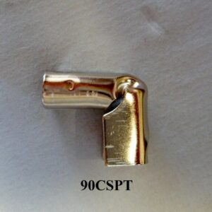 An image of a 90 degree steel crimp spark plug terminal on a white surface.