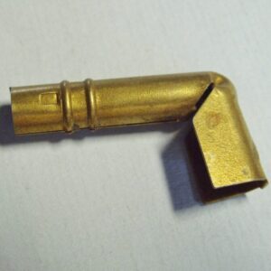 A 90 Degree steel gold anodized crimp spark plug terminal fitting on a white surface.