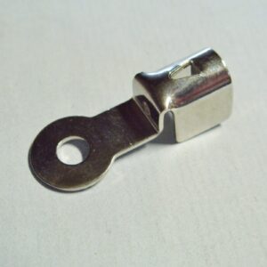 A Ring Style nickel plated brass crimp spark plug terminal with a hole in it.