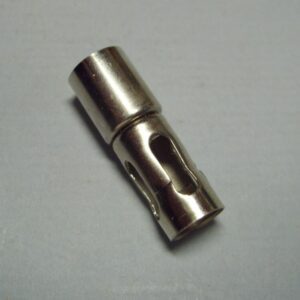 A Straight steel chrome cage solder terminal on a white surface.