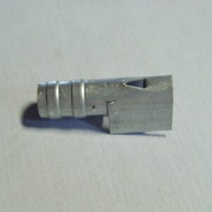 A straight steel crimp spark plug terminal on a white surface.