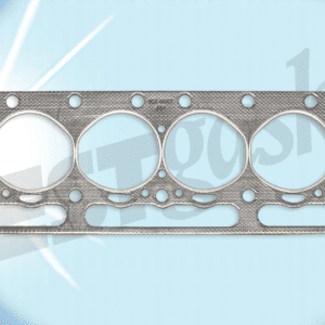 A cylinder head gasket with four holes.
