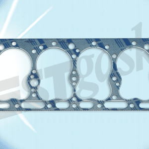 A cylinder head gasket on a blue background.
