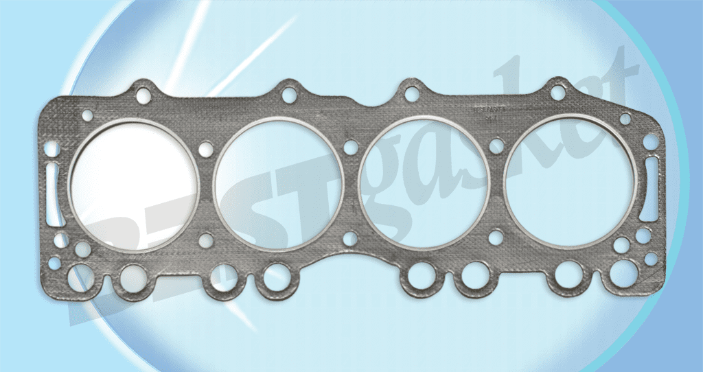 A cylinder head gasket on a blue background.