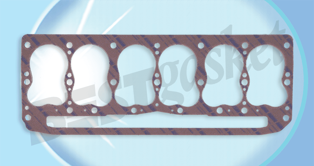 A cylinder head gasket on a blue background.