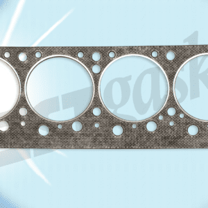 A cylinder head gasket on a blue background.