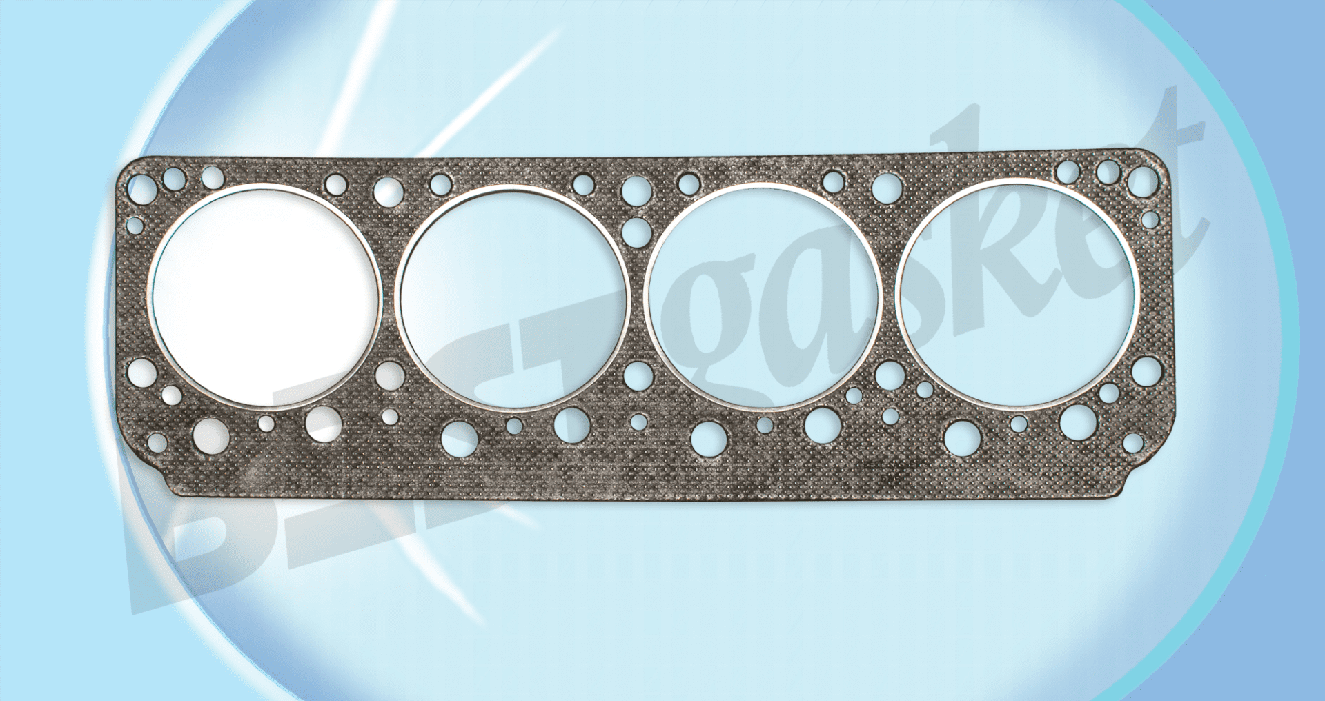 A cylinder head gasket on a blue background.