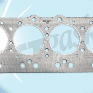 A cylinder head gasket on a blue background.