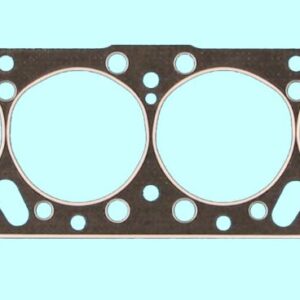 A cylinder head gasket on a blue background.