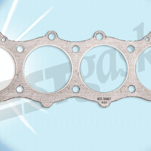 A cylinder head gasket on a blue background.