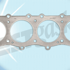 A cylinder head gasket on a blue background.