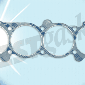 A cylinder head gasket on a blue background.