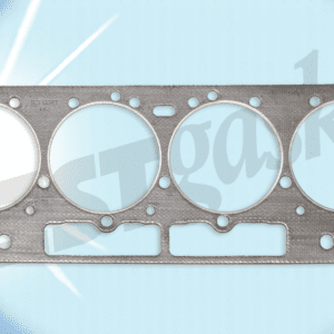 A cylinder head gasket on a blue background.