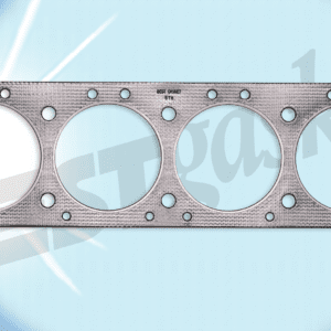 A cylinder head gasket on a blue background.