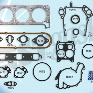 A set of gaskets and gaskets for a car engine.