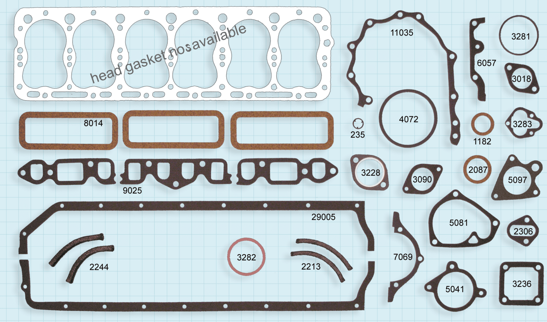 A set of gaskets and gaskets for a car engine.