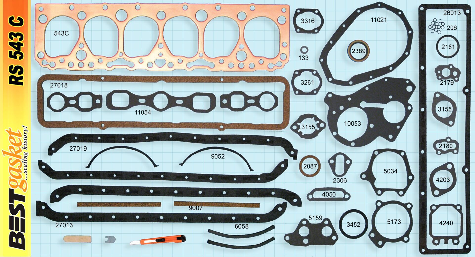 A set of gaskets and gaskets for a car engine.
