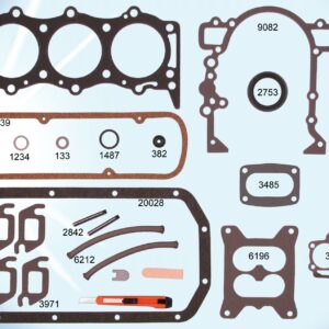 A set of gaskets and gaskets for a car engine.