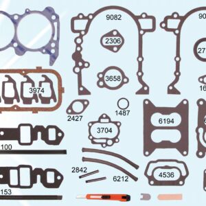 A set of gaskets and gaskets for a car engine.