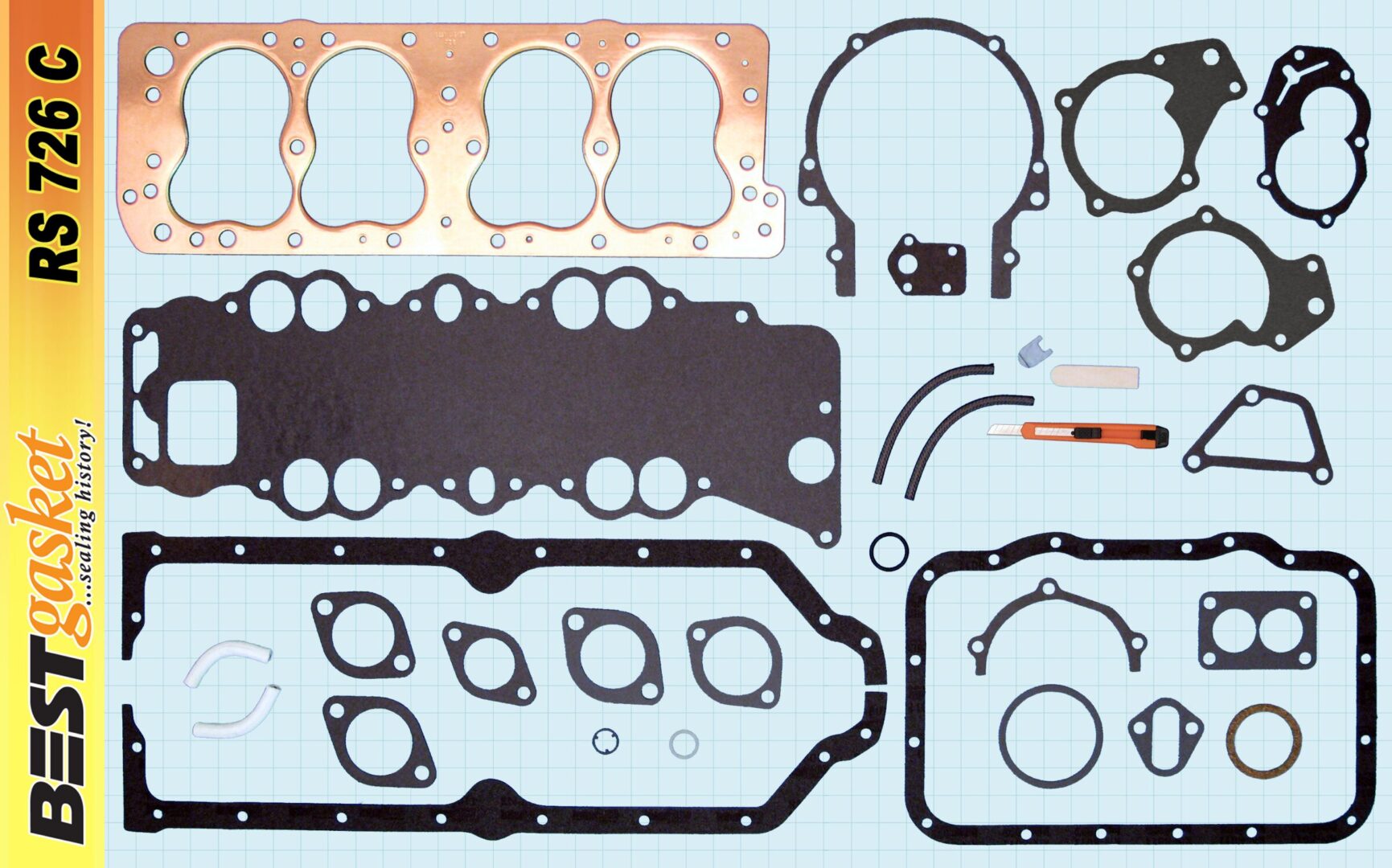 A set of gaskets and gaskets for a car engine.