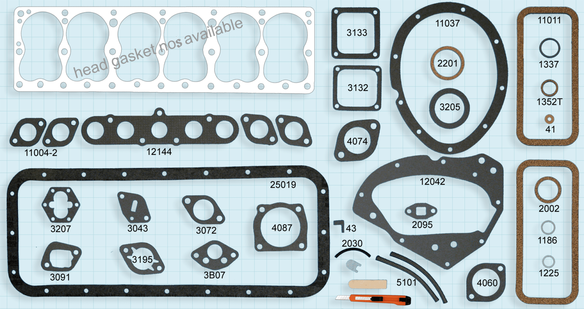 A set of gaskets and gaskets for a car engine.