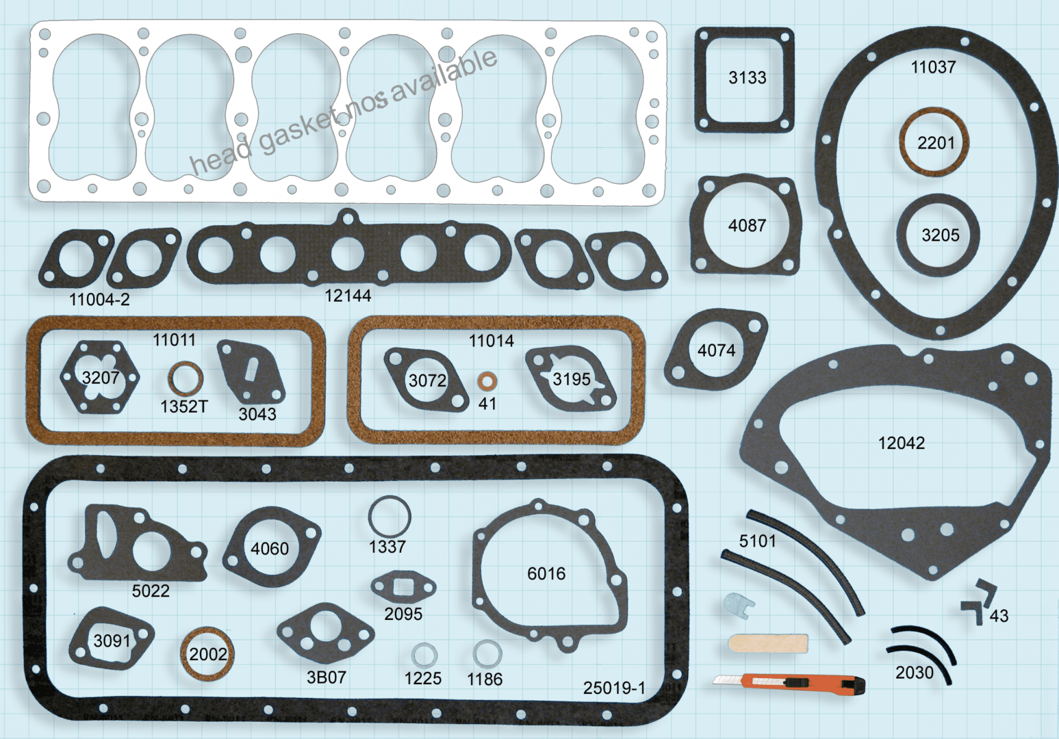 A set of gaskets and gaskets for a car engine.