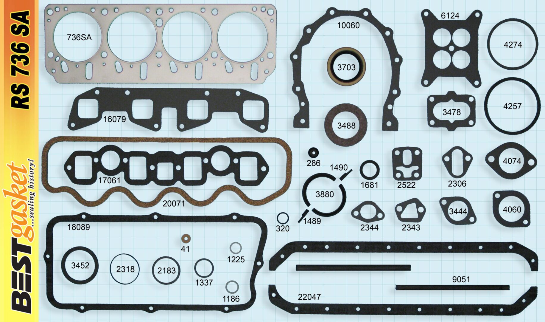 A set of gaskets and gaskets for a car engine.