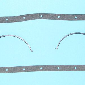 A pair of 1955-62 Chevrolet 6 235, 261 except 1955 1st series Truck 235 oil pan gasket set on a blue background.
