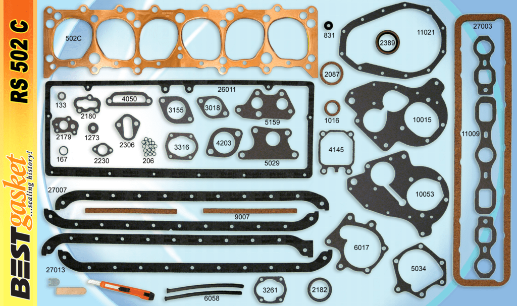 A set of gaskets and gaskets for a car engine.