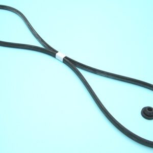 A black rubber 1956-65 AMC 6 OHV Cast Iron Head valve cover gasket set on a blue background.