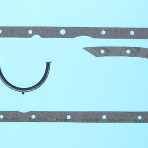 A set of AMC, 1941-52 Rambler Statesman, 1953-63 Nash oil pan gaskets and an oil pan gasket on a blue background.