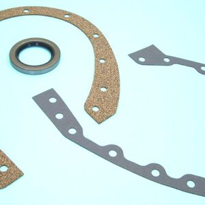 A 1950-52 Buick 8 320 timing cover gasket set with seal and gaskets on a blue background.