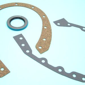 A 1942-49 Buick 8 320 timing cover gasket set with seal and gaskets on a blue background.