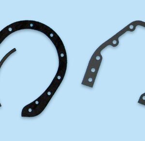 A pair of 1934-41 Buick 8 timing cover gasket set with rope seal on a blue background.