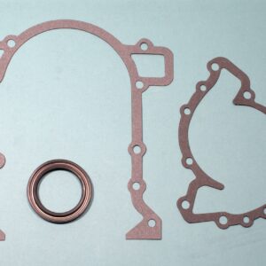 A set of 1961-63 Buick, Olds V8, Pontiac V8, 61-62 Tempest timing cover gasket set on a white surface.