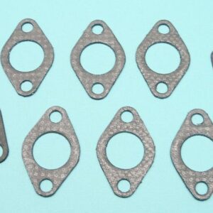 A set of Ford V8 136 60 HP (17 Stud) 1937-40 EXHAUST MANIFOLD GASKET SETs on a blue background.
